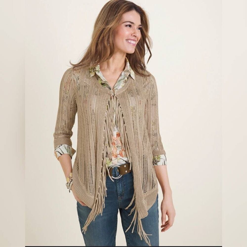 Chico's Sweater Womens Medium Beige Knit Fringed 100% Rayon Drape Front Cardigan
